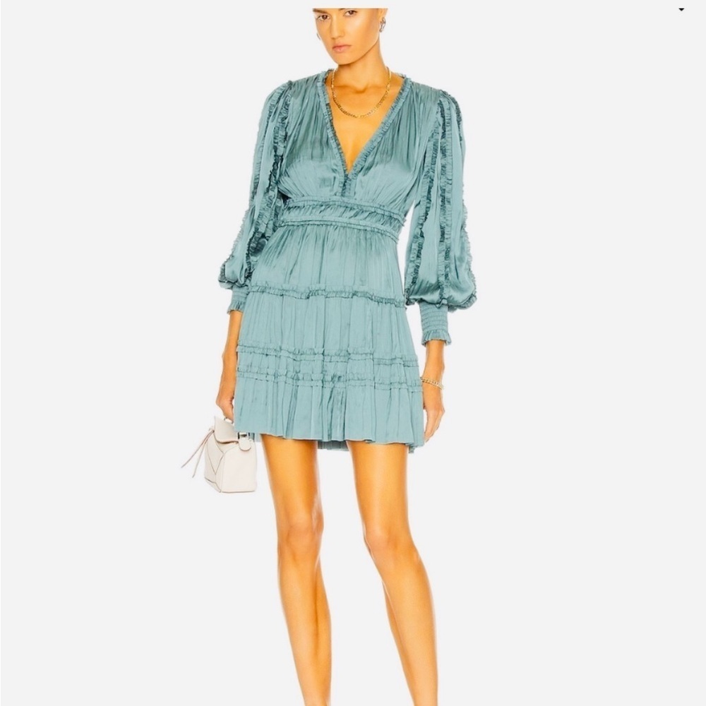 Ulla Johnson Gemma Teal Satin Long Sleeve Mini Dress